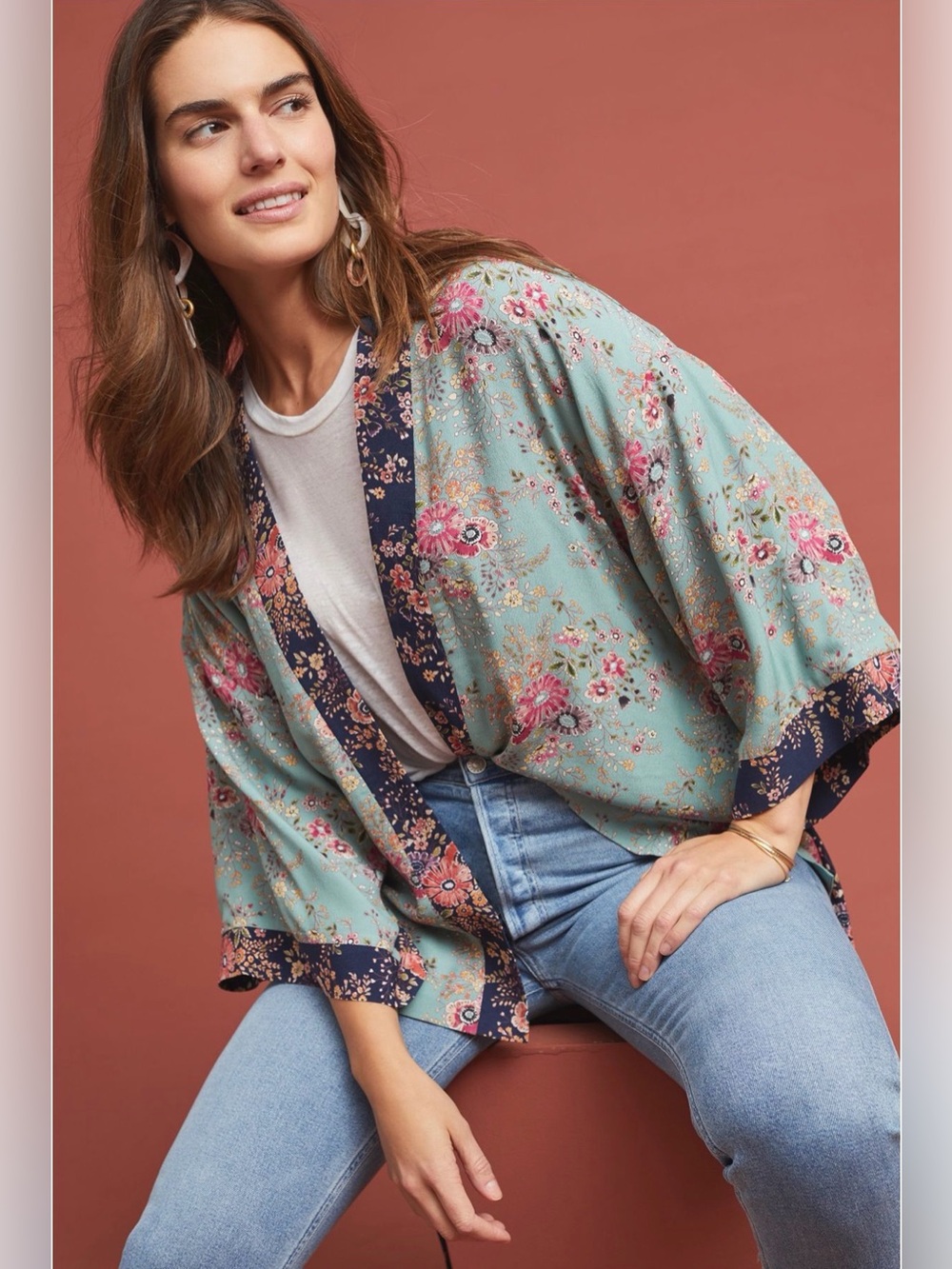 Anthropologie x Kachel-Floral Trim Open Flyaway Kimono Vibes, ONE SIZE, No Belt - Picture 2 of 6